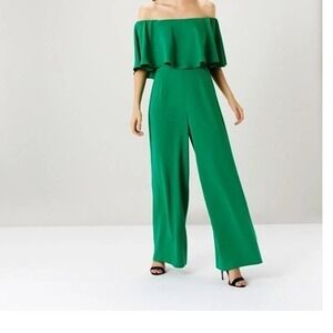 Coast Naima Bardot Green Off‎ The Shoulder Ruffle Wide Leg Jumpsuit  US 4 UK 8